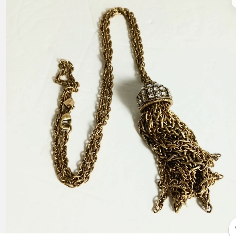 Banana Republic Antique Gold Tone Rhinestone & Pearl Tassel Necklace.